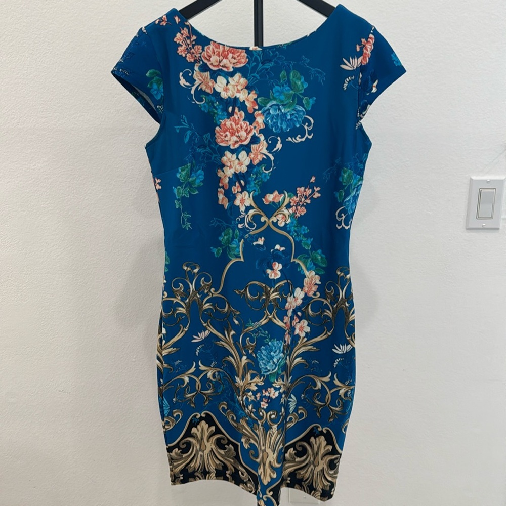 NY&C New York & Company Blue Midi Dress with Detachable Overskirt M Floral Print